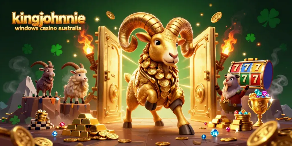 Engage with kingjohnnie windows casino australia's vibrant 3D casino scene featuring golden ram and treasures.