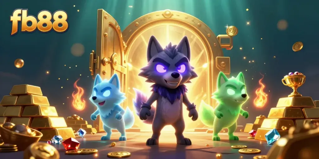 fb88 showcases an engaging gaming scene featuring a cartoon wolf pack leader and treasures galore.