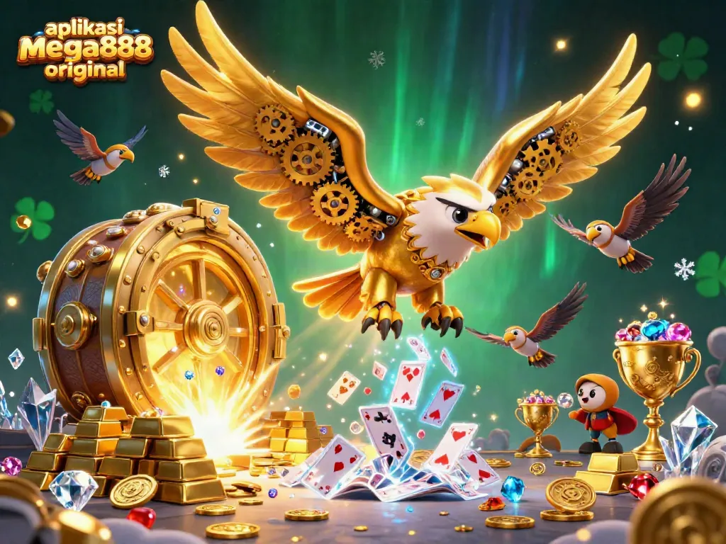 Experience the thrill with the aplikasi mega888 original in a vibrant casino-themed 3D illustration.