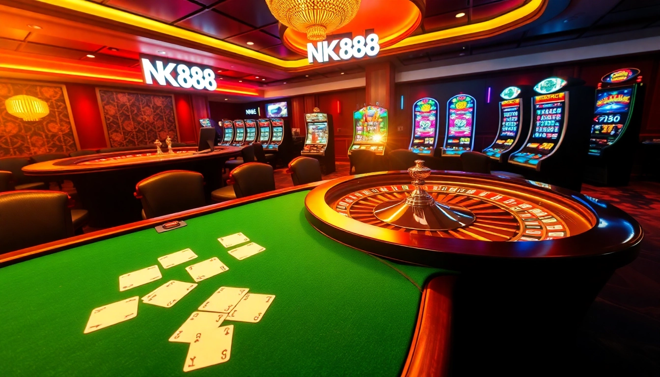 NK88 offers an exciting gaming experience with vibrant poker tables, glowing slots, and thrilling winnings.