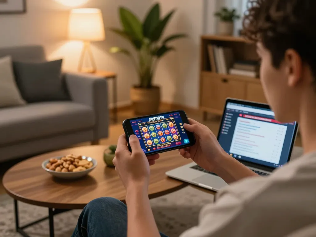 BAYITOTO permainan smartphone di ruang tamu modern yang nyaman dengan catatan taruhan strategis.
