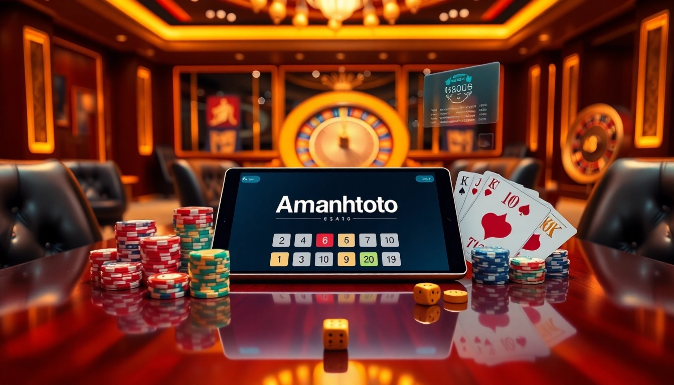 Amanahtoto platform displaying strategic online betting odds with vibrant poker chips and dice