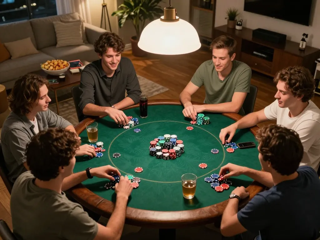 Engaged players at a home poker night enjoying their games, showcasing the social side of AZTEC888.