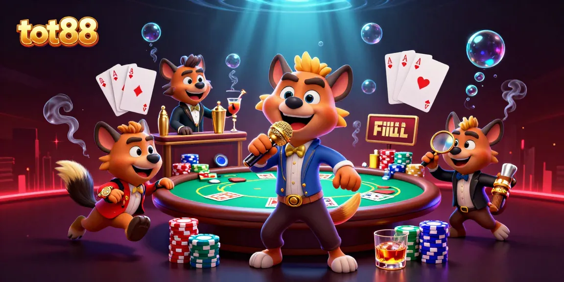 Join the fun at tot88 with hyena characters in a vibrant casino scene filled with poker action.