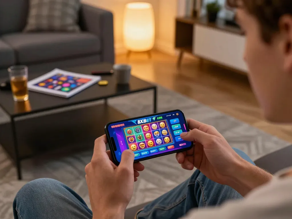 Placing bets on 8xbet mobile app in a cozy living room environment.