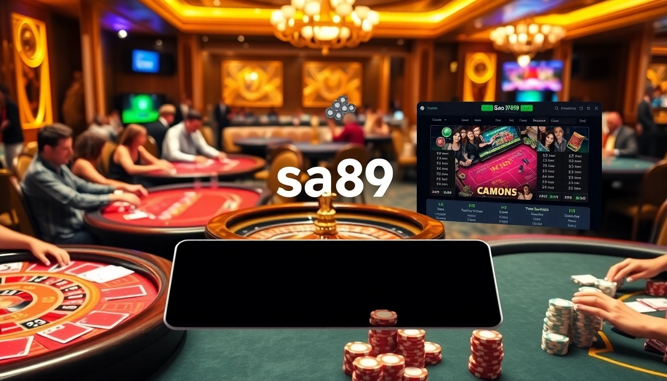 Sao789 players engage in a thrilling casino atmosphere with vibrant poker and blackjack tables.