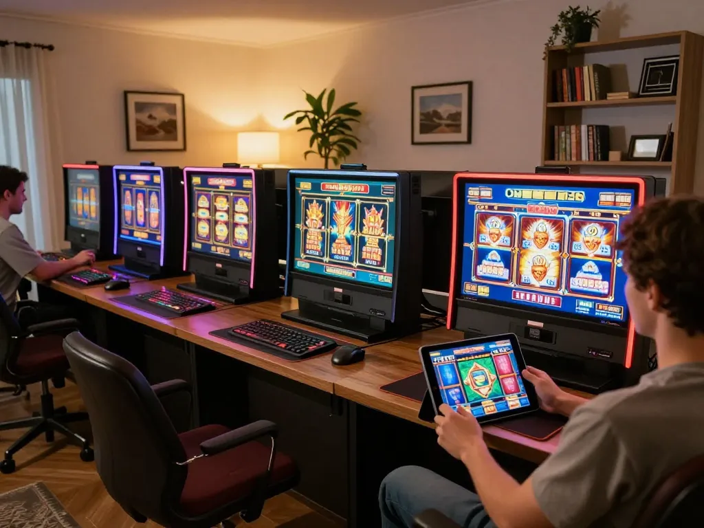 Player engaging in live online slots on a tablet for ww88, showcasing a cozy gaming setup.