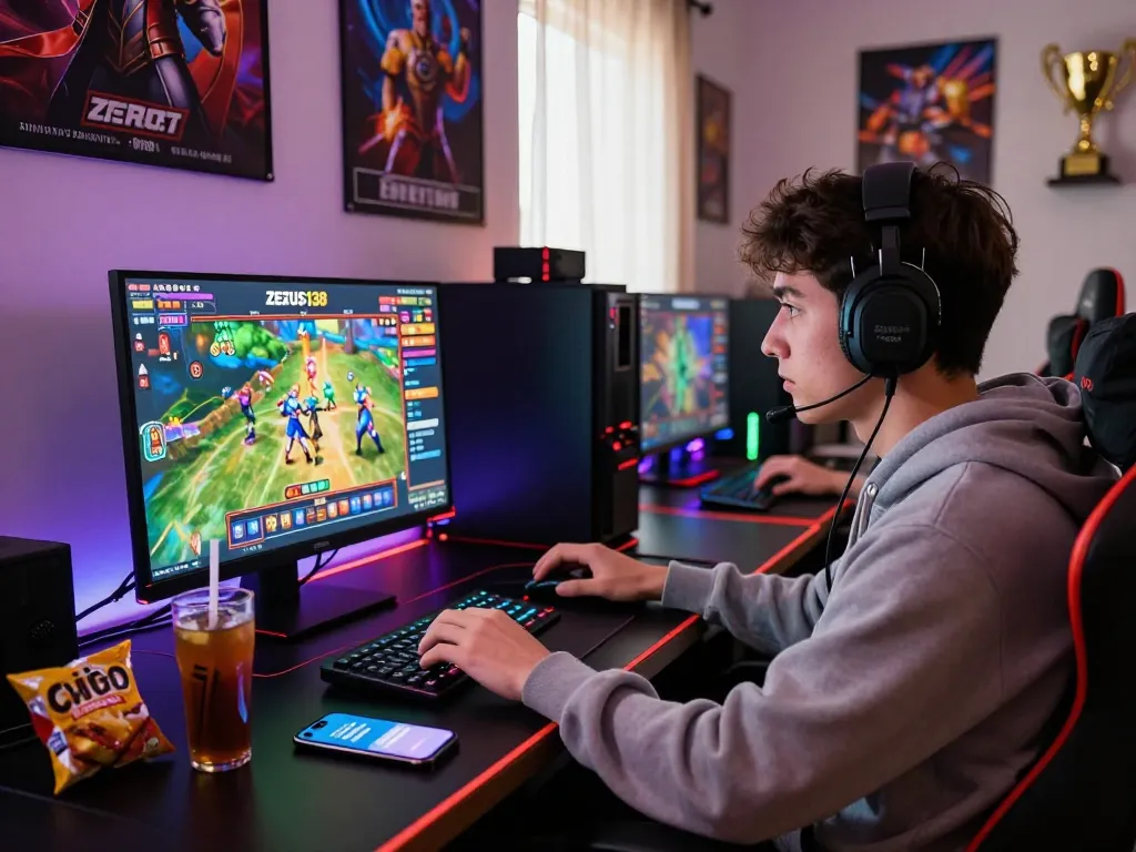 Exciting moment of a player engaging with Zeus138 online slots, showcasing vibrant gaming setup.