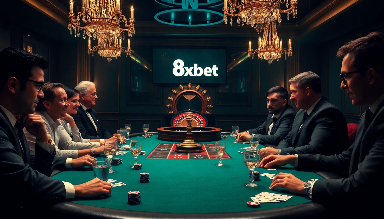 Players engaging intensely at a luxury poker table in a vibrant casino setting with the 8xbet logo.
