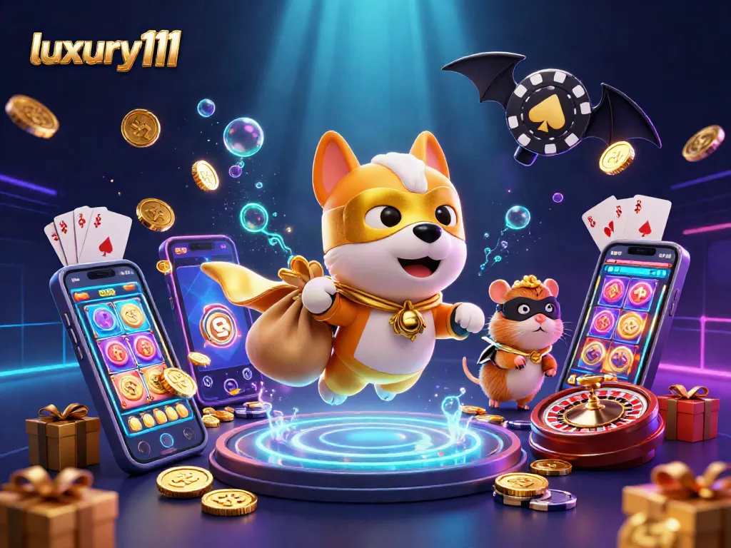 Engage in luxury111 slot games with a superhero dog and hamster in a vibrant casino adventure.