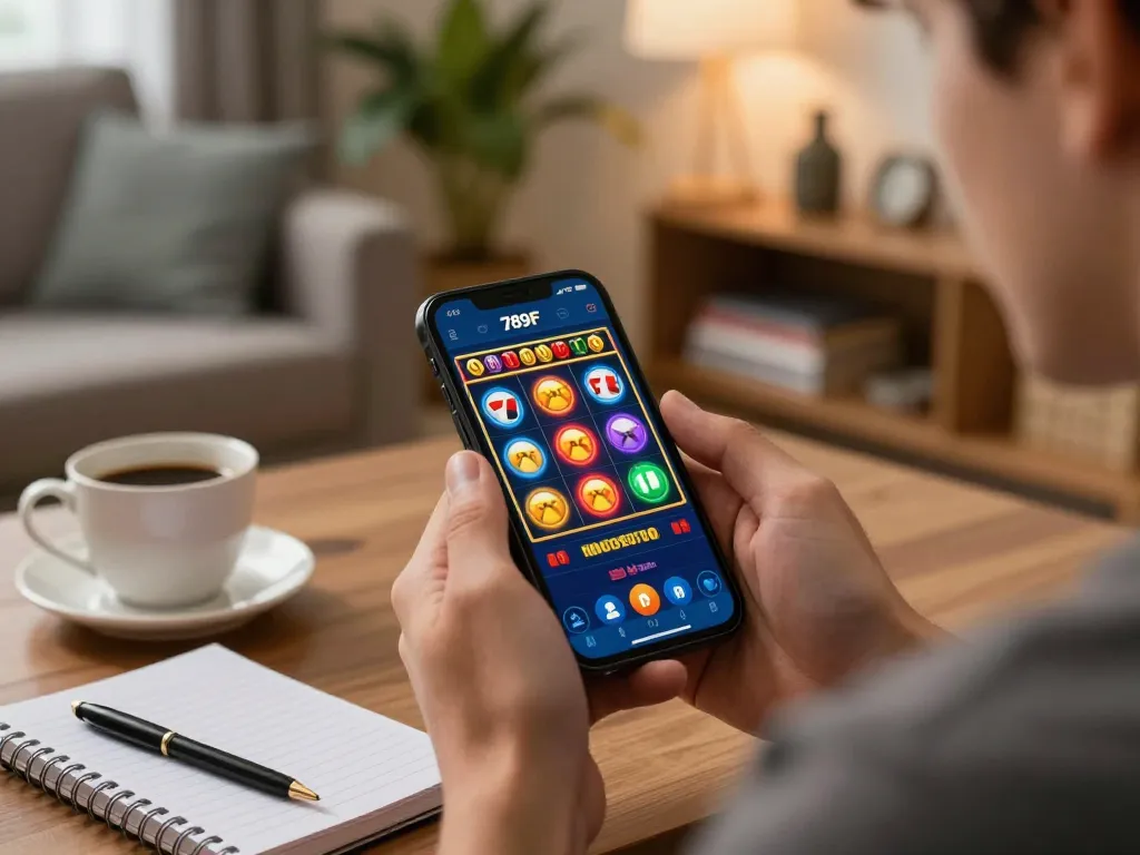 Engaged player using the 789F casino app on a smartphone in a cozy living room.