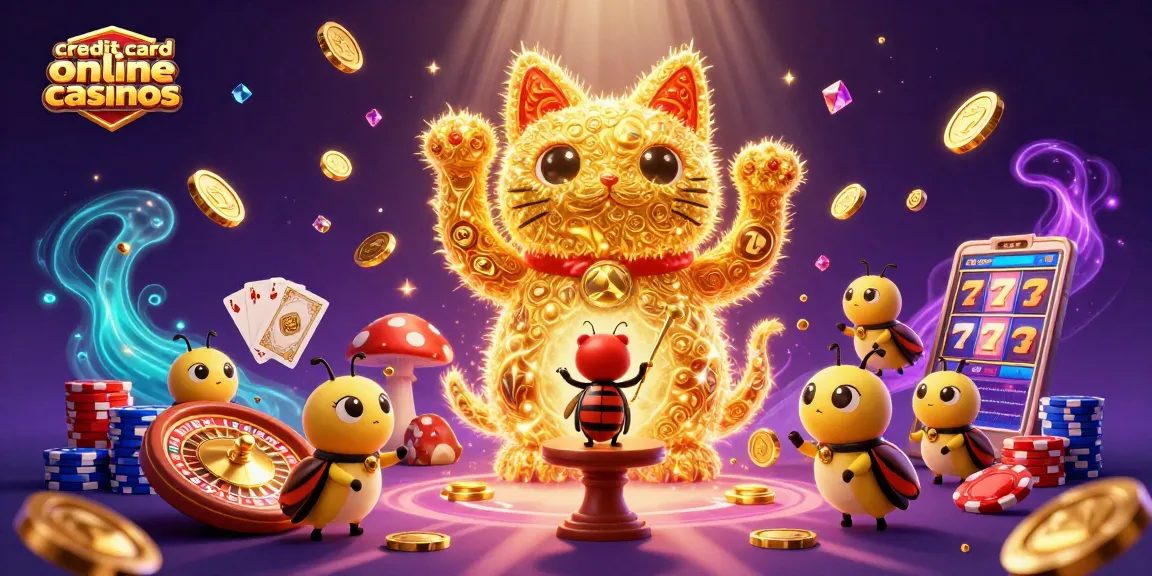 Engage in credit card online casinos with a vibrant 3D scene showcasing lucky symbols and casino elements.
