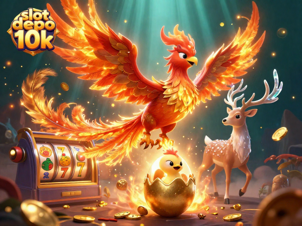 Engage with slot depo 10k in a vibrant 3D illustration featuring a phoenix, baby phoenix, and stag amidst casino elements.