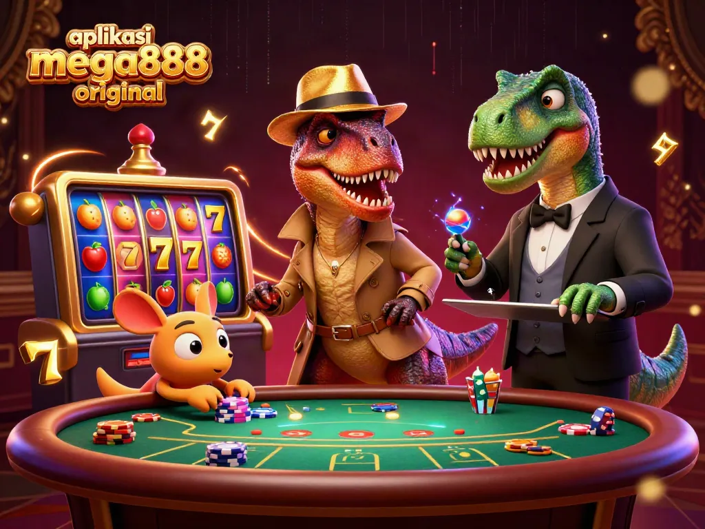 Experience the thrilling aplikasi mega888 original with a velociraptor card counter at a blackjack table surrounded by vibrant slot elements.