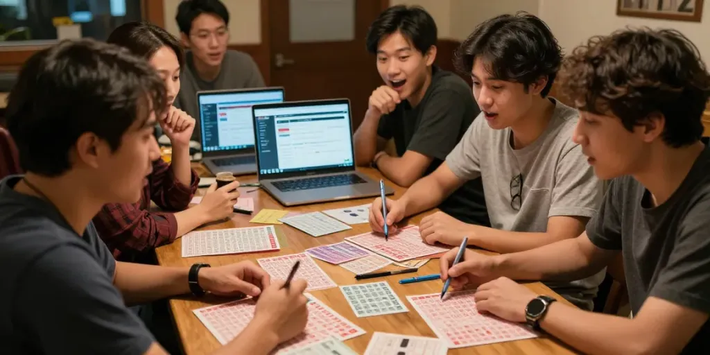 BUKUMIMPI138: Kelompok pemain togel mendiskusikan strategi dengan tiket dan laptop di meja.