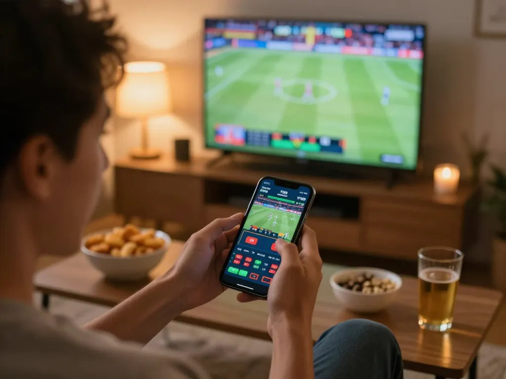 KONG88 user engaged with live sports betting on smartphone in a cozy home setup.