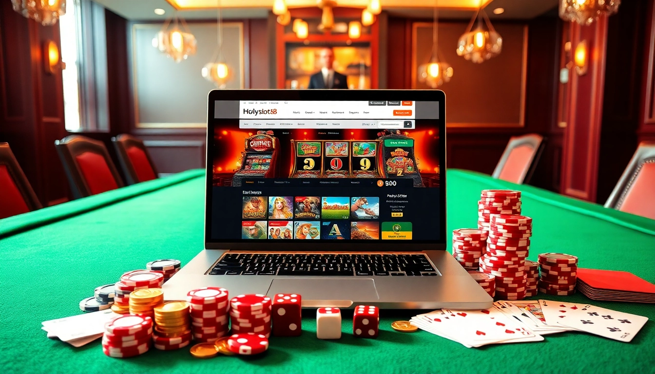 Exciting gaming action at Holyslots88 with poker chips, slot machines, and cards illuminated in luxury.