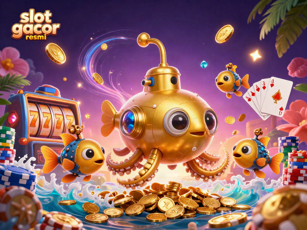Experience thrilling gameplay with slot gacor resmi, featuring a vibrant 3D kraken amidst cascading coins and slots.