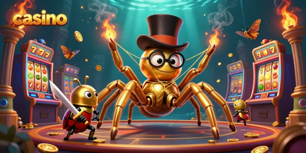 Experience the vibrant world of casino gaming with a golden tarantula, beetle knight, and slot machines.