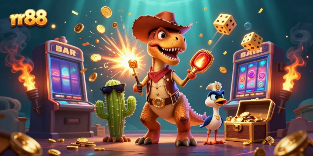 Spin the jackpot at rr88 with our vibrant 3D illustration featuring a T-Rex and friends!