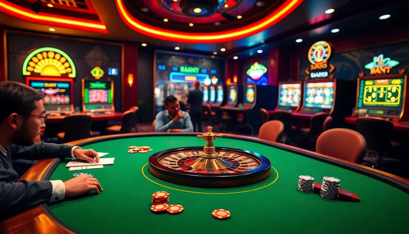 Exciting online casino scene featuring ok8386 poker table and vibrant slot machines.