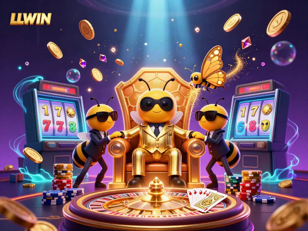 LLWIN showcases an exciting casino scene with the mob boss and dazzling game elements, perfect for players.