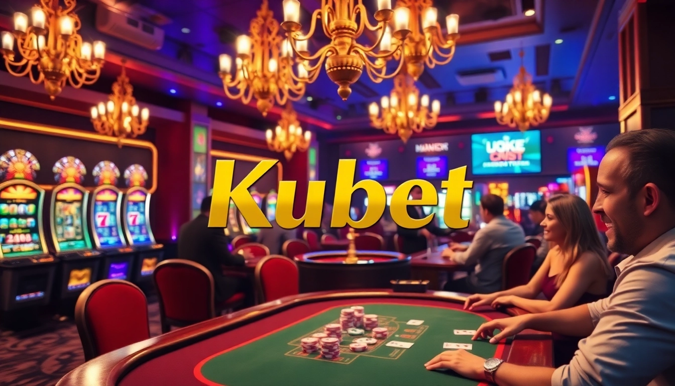 Kubet gaming scene featuring an exciting poker table, roulette wheel, and vibrant slot machines.