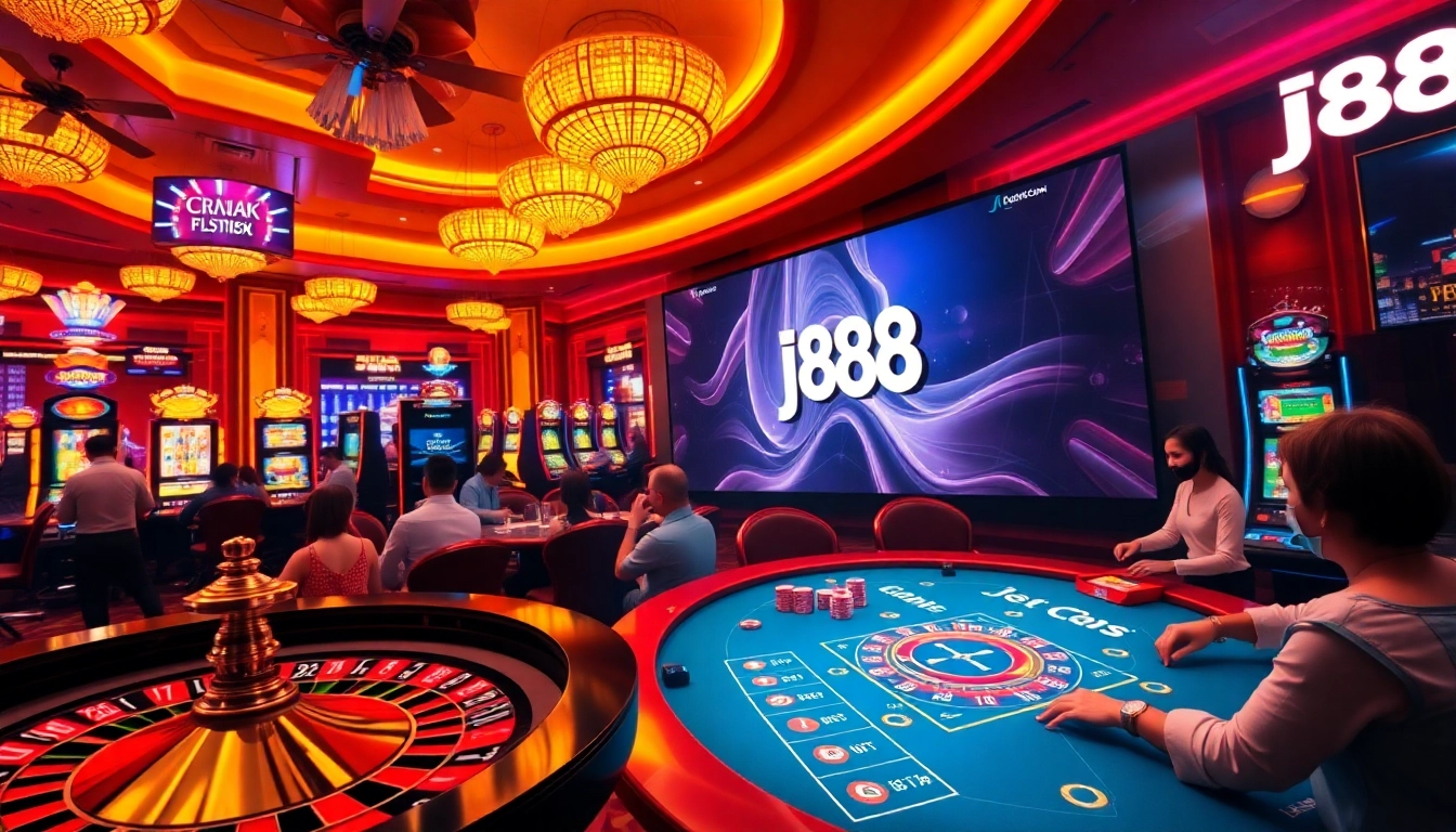 Engaged players enjoying a thrilling j88 casino scene with vibrant games and lively atmosphere.