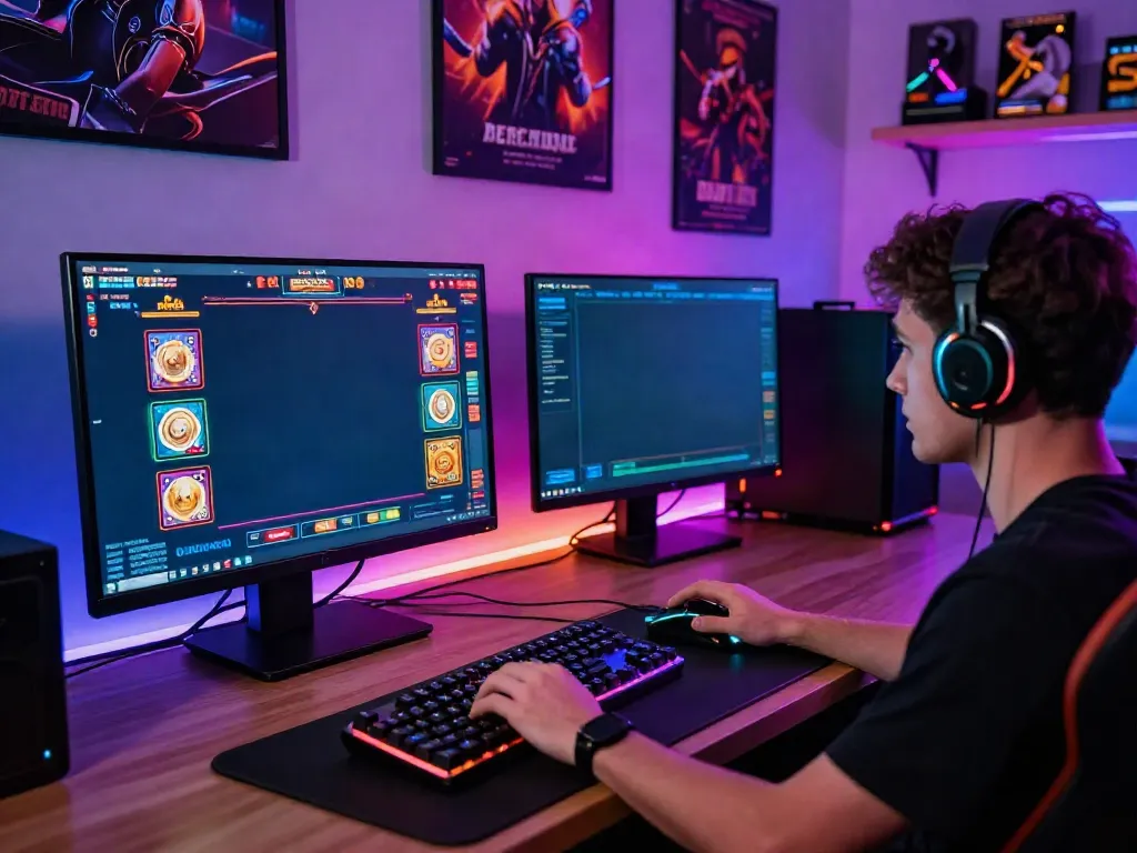 A focused player engaged in akunjp online slot gaming with vibrant setup.