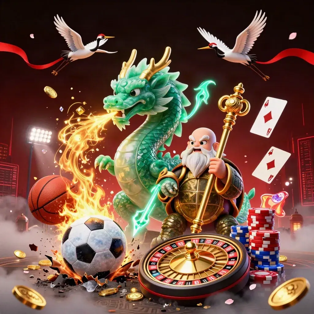 Jade dragon, turtle sage, and cranes amid flying balls, coins, chips, and fire in a casino sports burst.