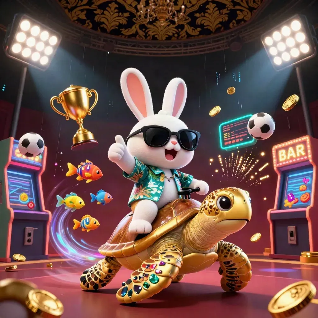 Rabbit on golden sea turtle amid coins, sports balls, neon glow, and casino jackpot effects.