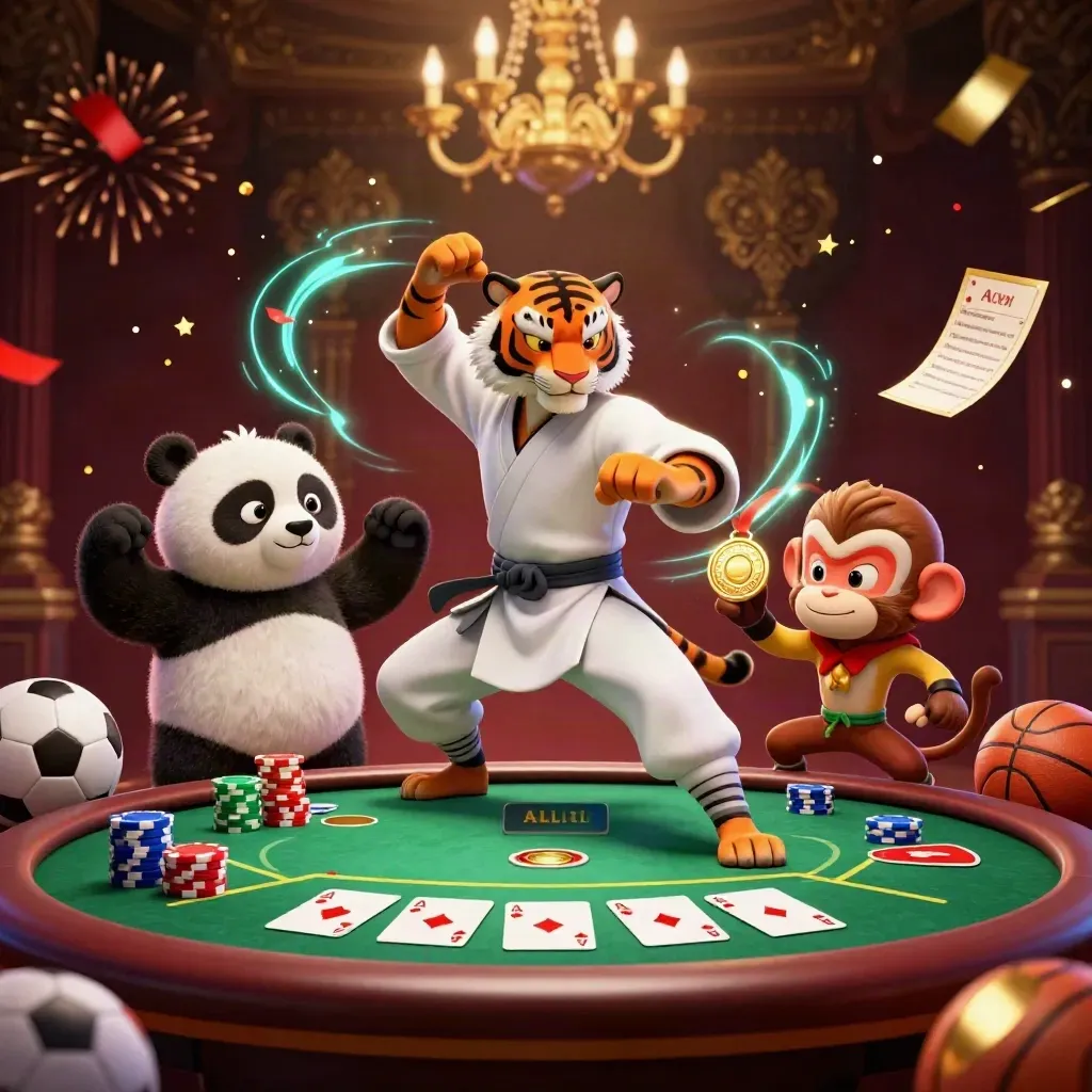 Kung-fu tiger, panda and monkey amid casino chips, aces and sports balls in neon luxury.