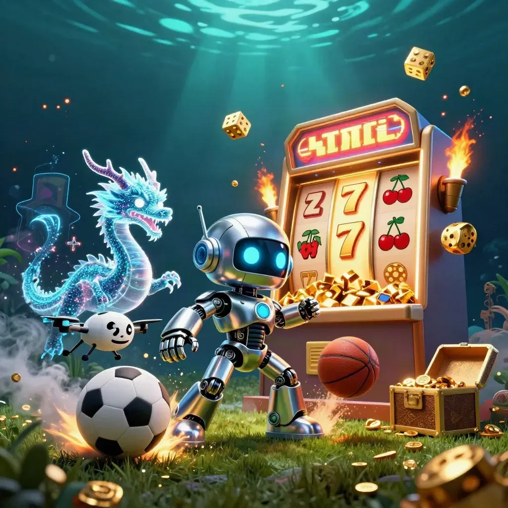 Robot mascot, holographic dragon and drone amid slot jackpots, soccer and basketball neon blast.