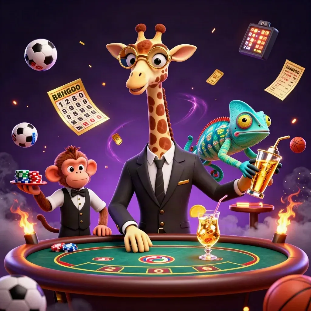 Giraffe, monkey, and chameleon in a glowing casino scene with flying balls and jackpot accents.