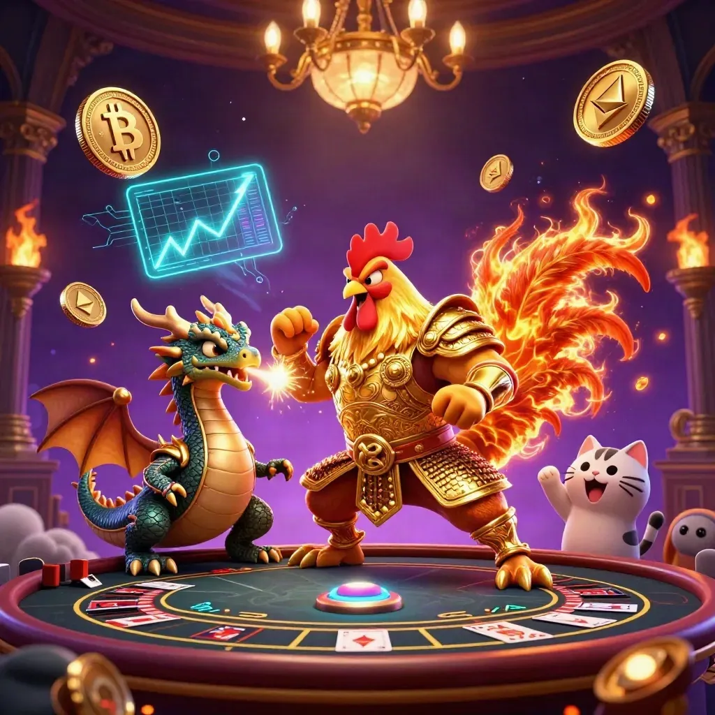 Rooster warrior, dragon hatchling and fortune-cat amid casino energy, coins, sparks and neon glow