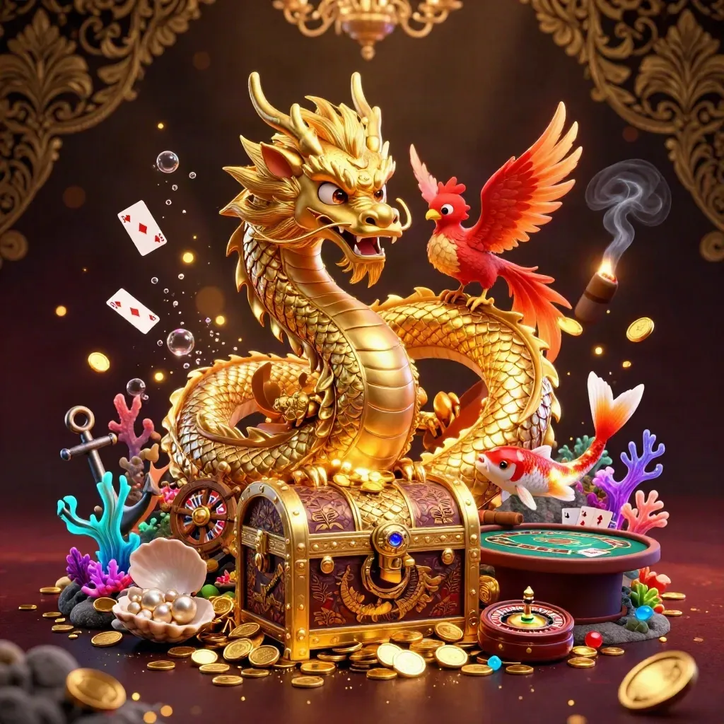 Golden dragon, phoenix, koi, and casino table glowing in a treasure cove scene.
