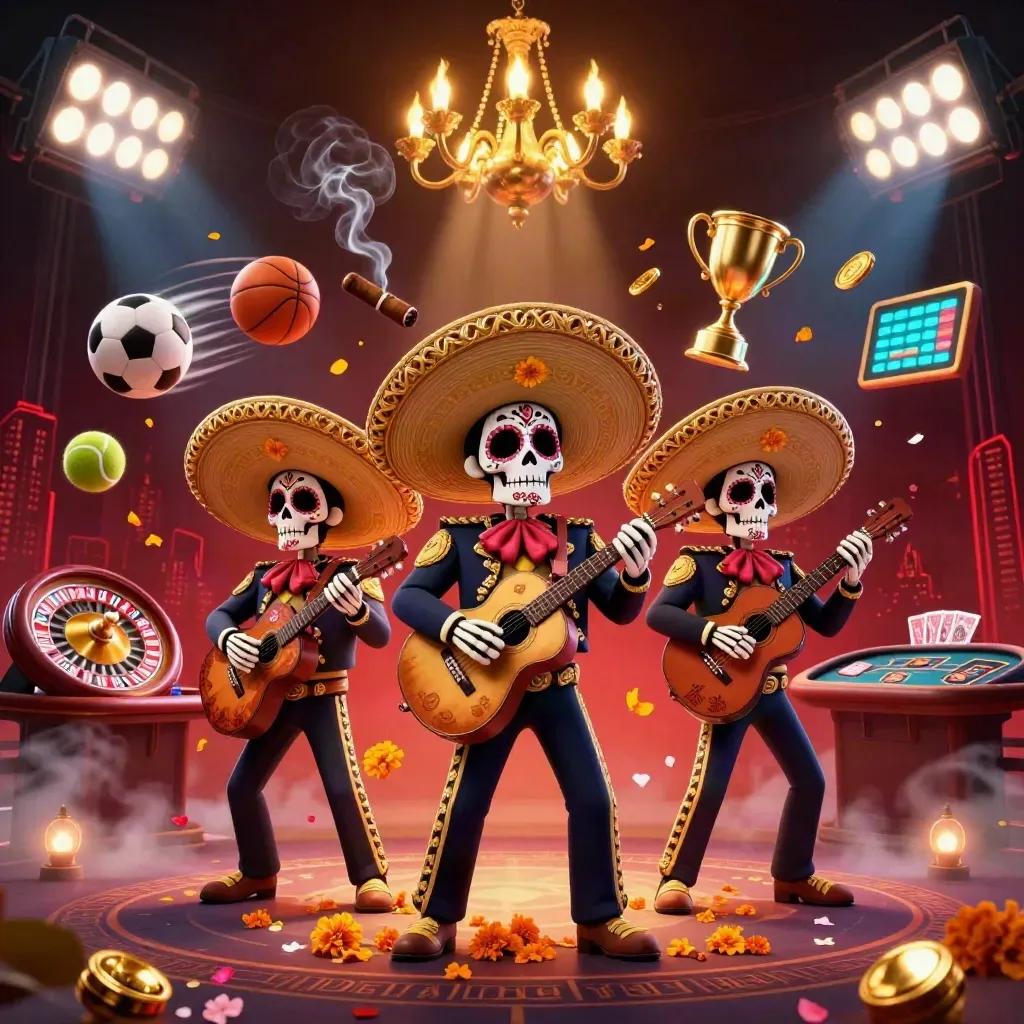 3D skeleton mariachi trio amid casino lights, sports balls, trophy, roulette wheel, gold glow
