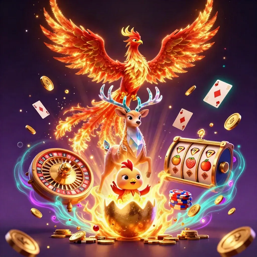 Phoenix, baby phoenix, and crystal-antler stag amid coins, gems, chips, and glowing casino effects.