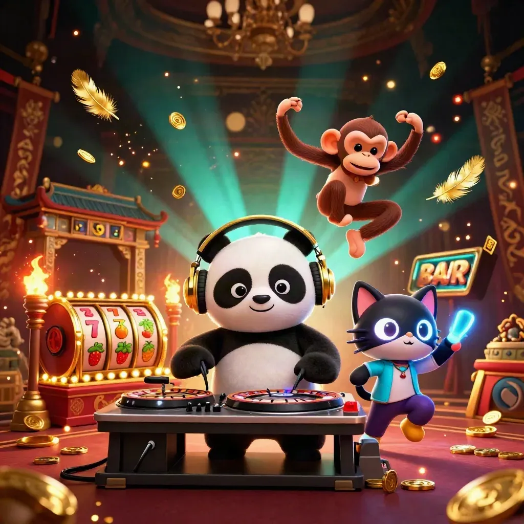 DJ panda, dancing monkey, and glow-stick kitten amid casino temple lights, coins, and cyan glow