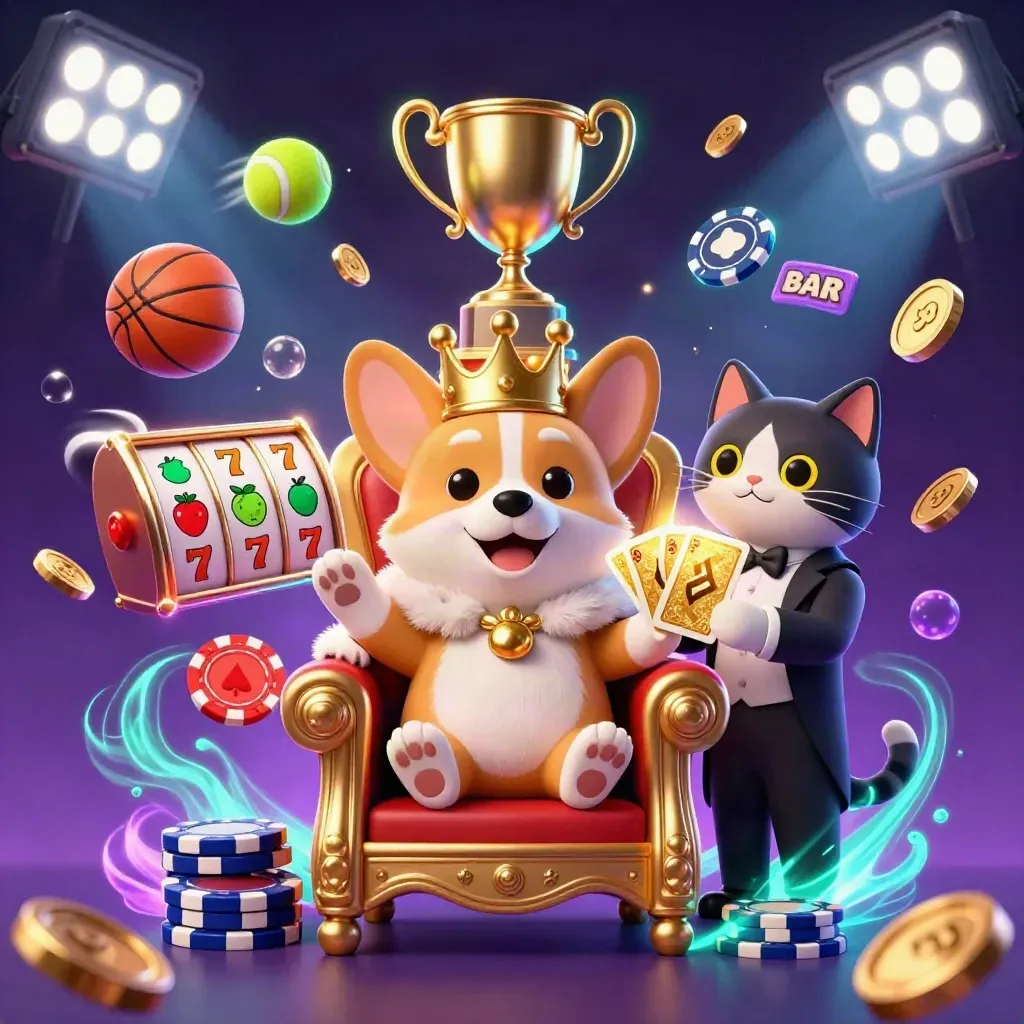 Royal corgi king and cat butler amid gold, balls, trophies, and neon casino glow.
