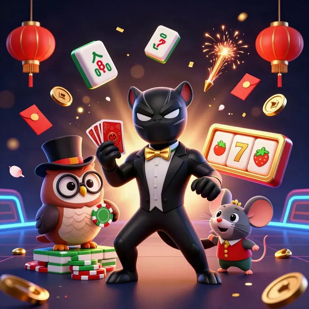 Panther in tux, owl and mouse amid jackpot chips, lanterns, coins, and neon casino glow