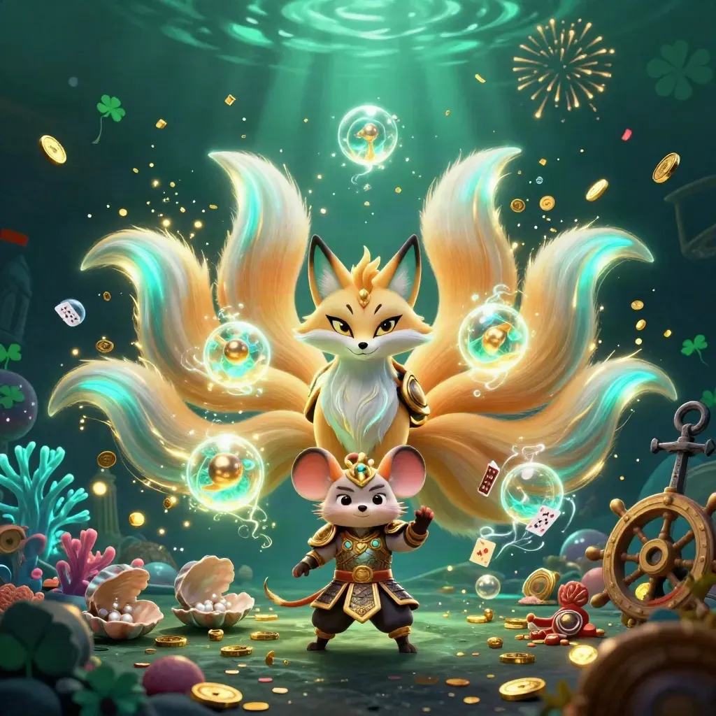 Nine-tailed fox spirit and samurai mouse amid gold coins, coral, and neon treasure effects.