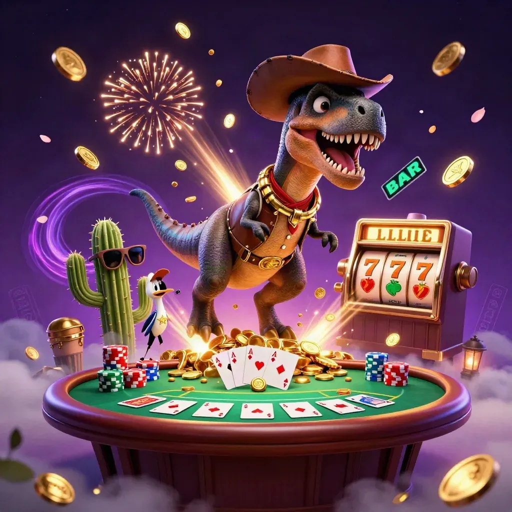 Cowboy T-Rex, cactus sidekick, and sheriff roadrunner explode from a vault amid coins and slot reels.