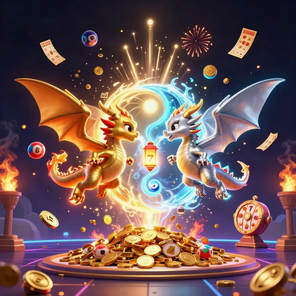 Twin dragons whirl through a jackpot explosion of coins, reels, tickets, and neon casino light.