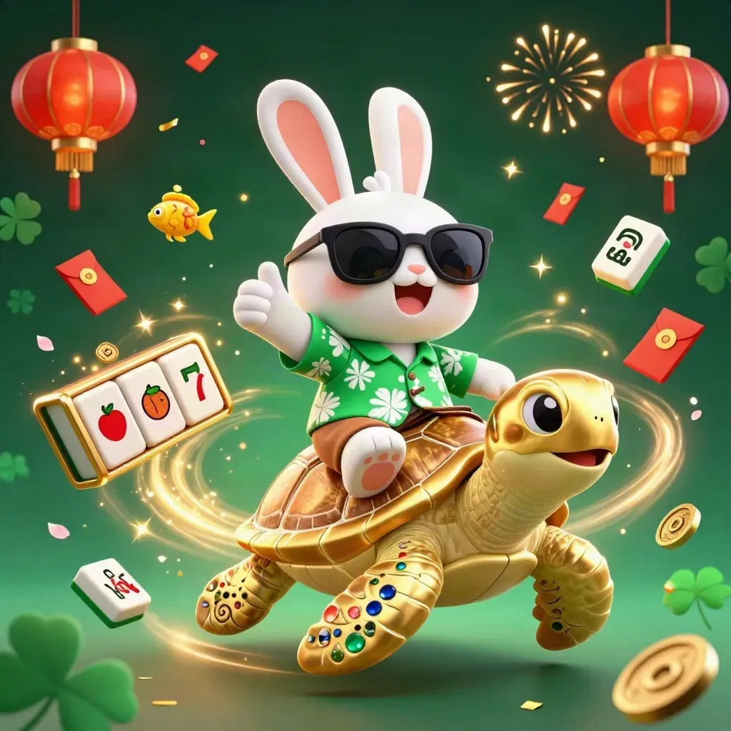 Lucky rabbit rides a gem-shell sea turtle amid casino charms, coins, fireworks, and dark emerald glow.