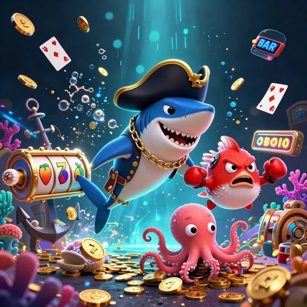 Pirate shark, boxing pufferfish, and coin-juggling octopus in a glowing underwater jackpot scene.