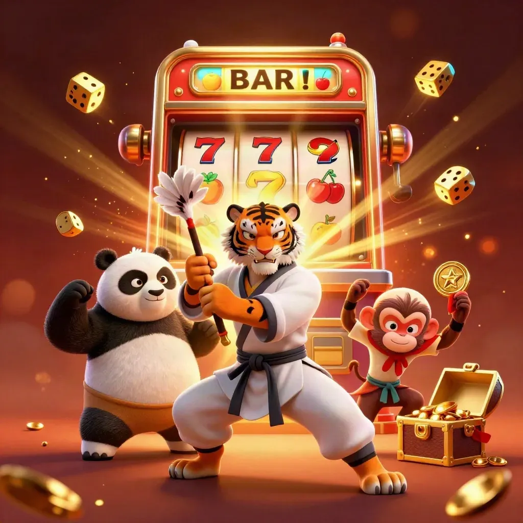 Kung-fu tiger, panda, and monkey with exploding slot machine, gold, dice, and ember glow