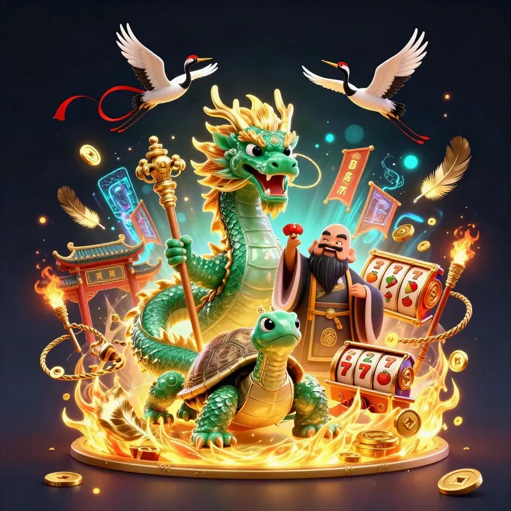 Emerald dragon, turtle sage, and cranes amid casino symbols, gold fire, and neon energy.