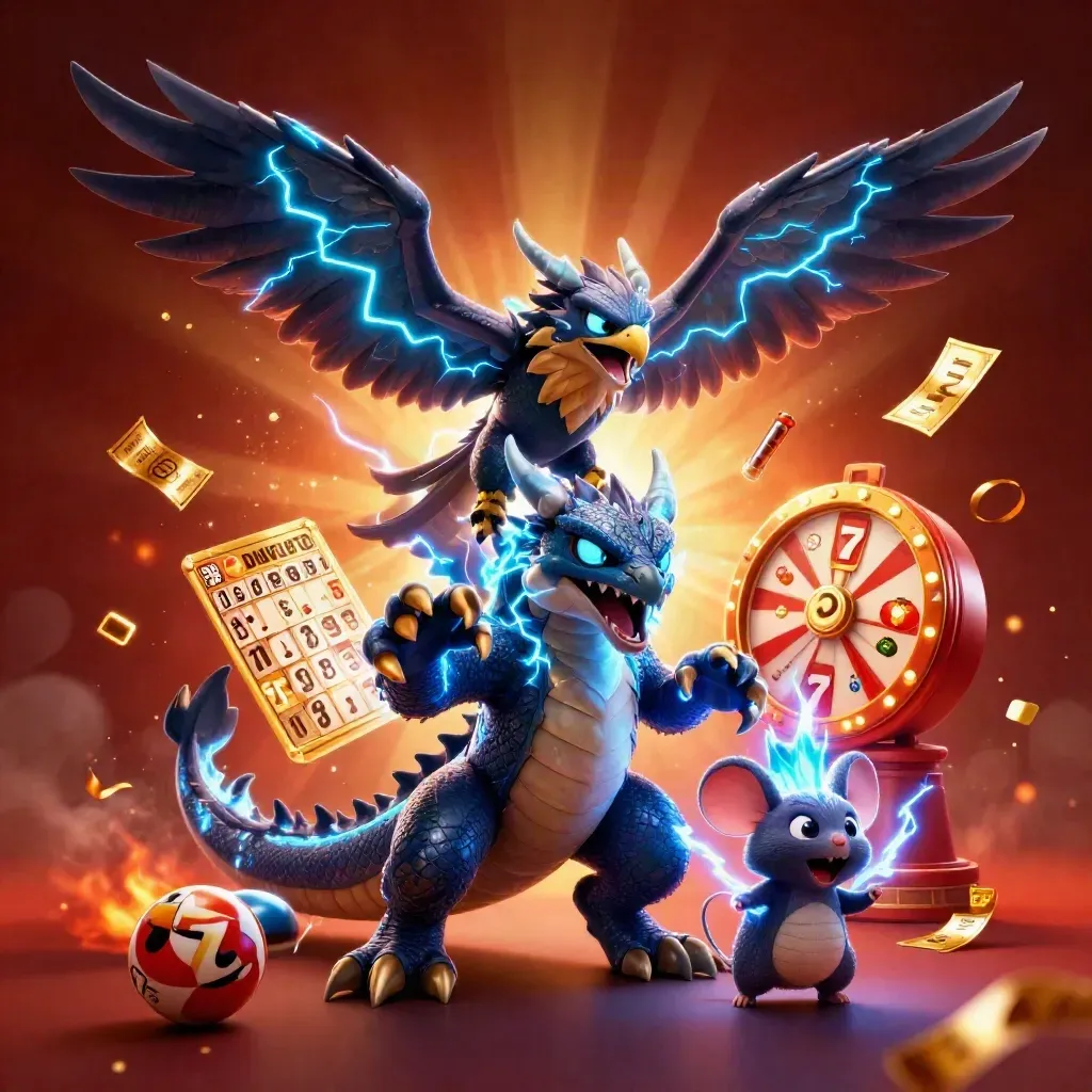 Thunder dragon, hawk, and static mouse amid casino symbols, gold sparks, and neon glow.