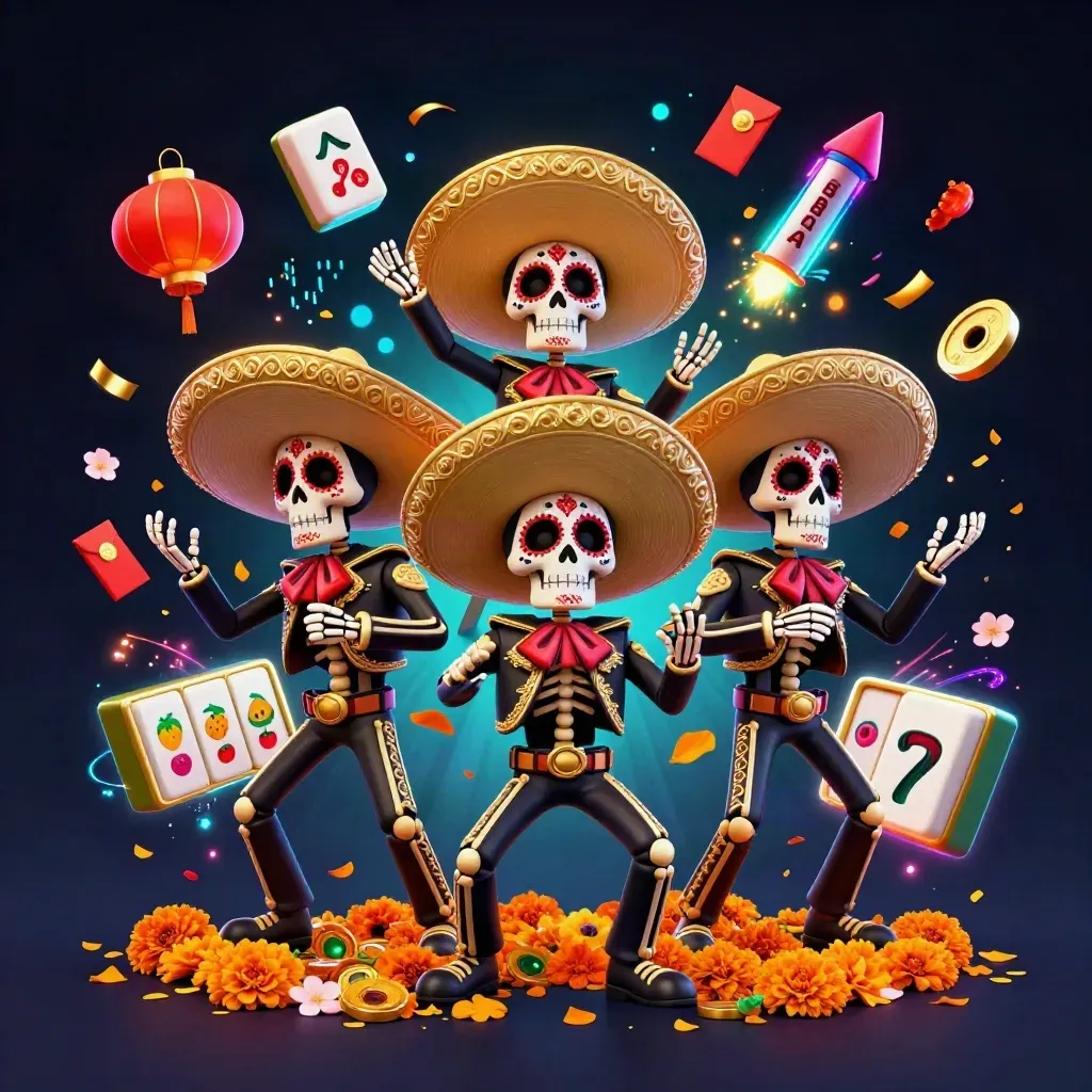 Day-of-the-Dead skeleton mariachi trio amid jackpot symbols, neon sparks, and gold casino glow.